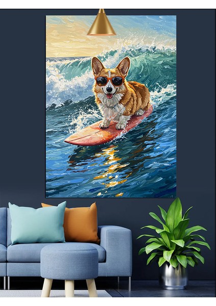 Sörf Tahtasında Sevimli Köpek Okyanus Dekoratif Kanvas - Mdf Ahşap Tablo