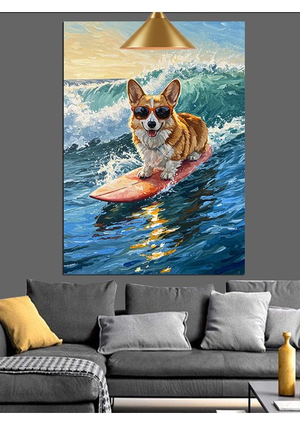 Sörf Tahtasında Sevimli Köpek Okyanus Dekoratif Kanvas - Mdf Ahşap Tablo modelleri