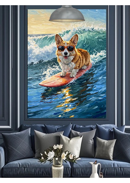 Sörf Tahtasında Sevimli Köpek Okyanus Dekoratif Kanvas - Mdf Ahşap Tablo fırsatları