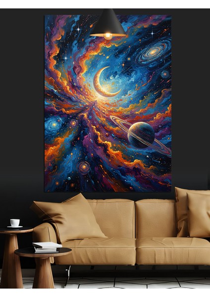Uzay Boşluğu Gece Yıldız Gezegen Dekoratif Kanvas - Mdf Ahşap Tablo