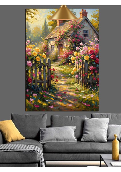 Çiçek Bahçeli Ev Dekoratif Kanvas - Mdf Ahşap Tablo