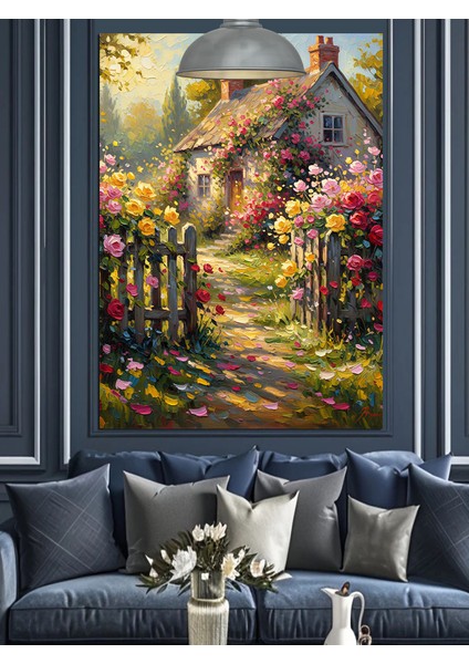 Çiçek Bahçeli Ev Dekoratif Kanvas - Mdf Ahşap Tablo fiyatları