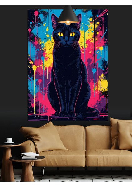 Siyah Kedi Neon Renk Dekoratif Kanvas - Mdf Ahşap Tablo