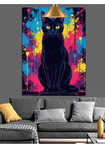 Siyah Kedi Neon Renk Dekoratif Kanvas - Mdf Ahşap Tablo fiyatları