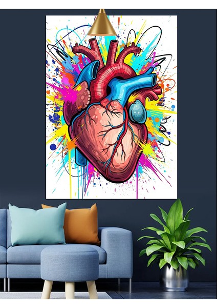Anatomik Kalp Renkli Dekoratif Kanvas - Mdf Ahşap Tablo
