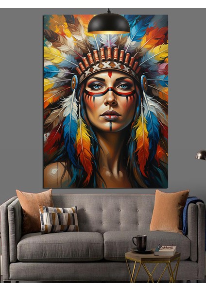 Kızılderili Başlıklı Kadın Portresi Dekoratif Kanvas - Mdf Ahşap Tablo