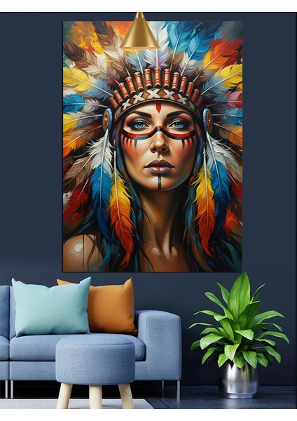 Kızılderili Başlıklı Kadın Portresi Dekoratif Kanvas - Mdf Ahşap Tablo fiyatları