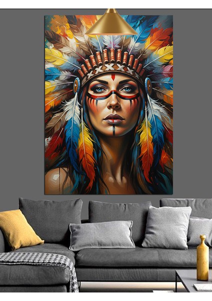 Kızılderili Başlıklı Kadın Portresi Dekoratif Kanvas - Mdf Ahşap Tablo fırsatları