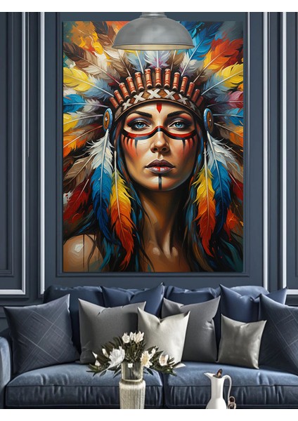 Kızılderili Başlıklı Kadın Portresi Dekoratif Kanvas - Mdf Ahşap Tablo indirimleri