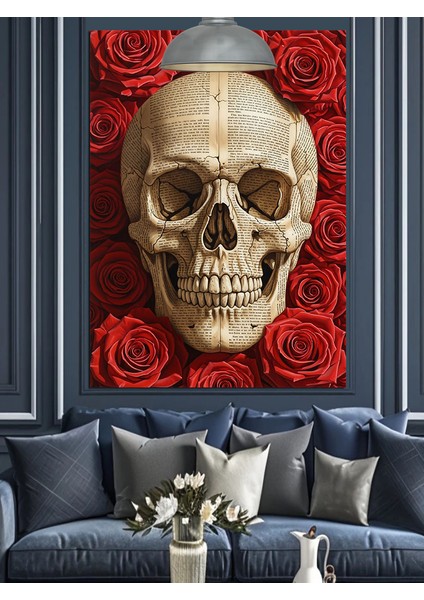 Kırmızı Güller Içinde Kuru Kafa Dekoratif Kanvas - Mdf Ahşap Tablo
