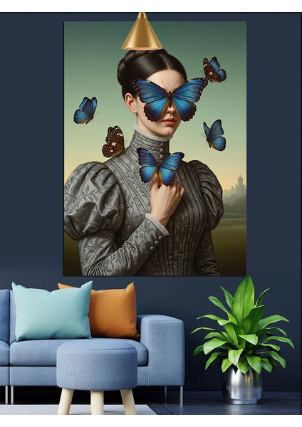Mavi Kelebek Gözlüklü Klasik Kadın Portresi Dekoratif Kanvas - Mdf Ahşap Tablo fiyatları
