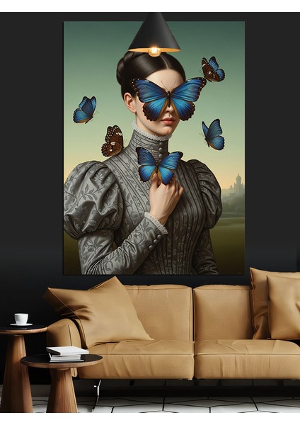 Mavi Kelebek Gözlüklü Klasik Kadın Portresi Dekoratif Kanvas - Mdf Ahşap Tablo modelleri