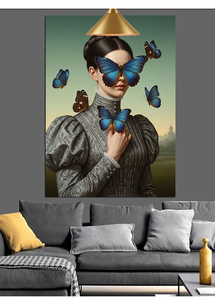 Mavi Kelebek Gözlüklü Klasik Kadın Portresi Dekoratif Kanvas - Mdf Ahşap Tablo fırsatları