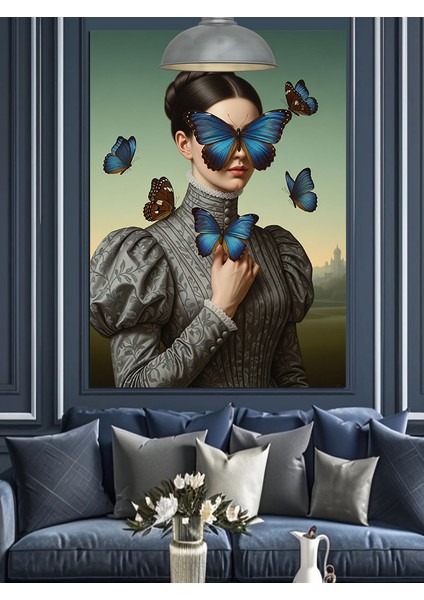 Mavi Kelebek Gözlüklü Klasik Kadın Portresi Dekoratif Kanvas - Mdf Ahşap Tablo indirimleri