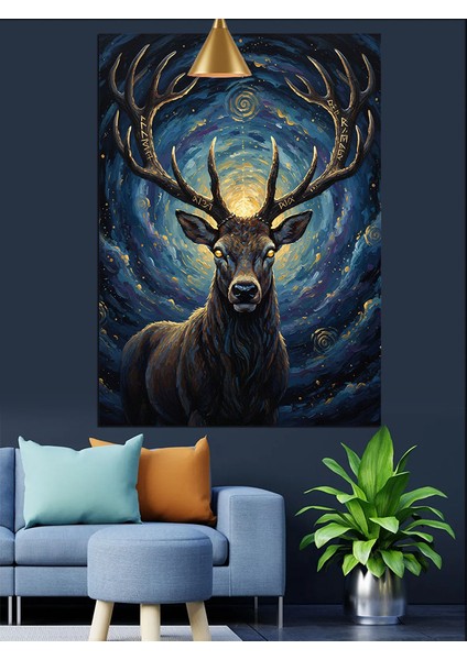 Geyik Boynuz Mavi Dekoratif Kanvas - Mdf Ahşap Tablo