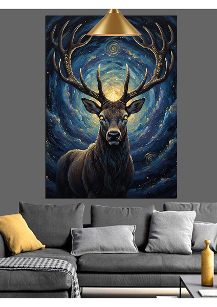 Geyik Boynuz Mavi Dekoratif Kanvas - Mdf Ahşap Tablo modelleri