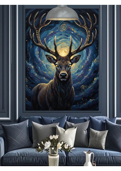 Geyik Boynuz Mavi Dekoratif Kanvas - Mdf Ahşap Tablo fırsatları