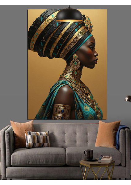 Etnik Kıyafetli ve Takılı Afrika Kadını Dekoratif Kanvas - Mdf Ahşap Tablo