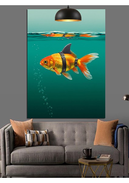 Iki Balık Yüzme Altın Turuncu Dekoratif Kanvas - Mdf Ahşap Tablo