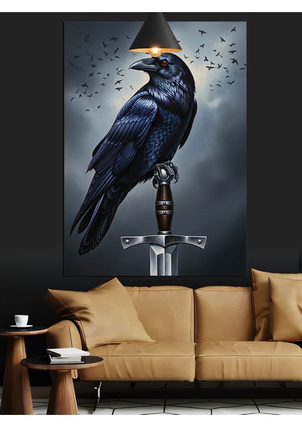 Kılıç Üstündeki Siyah Karga Kuşu Dekoratif Kanvas - Mdf Ahşap Tablo