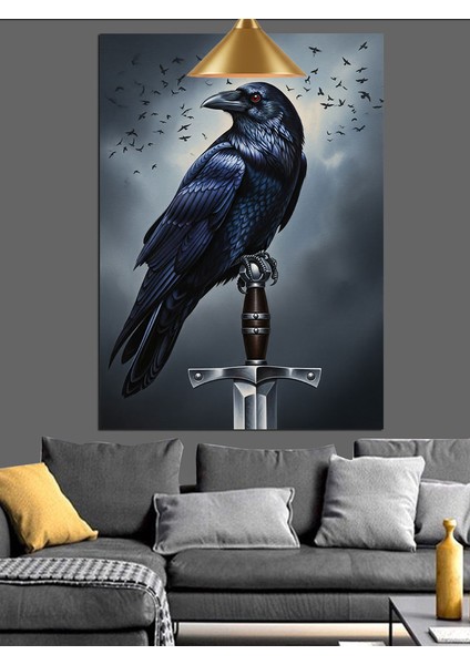 Kılıç Üstündeki Siyah Karga Kuşu Dekoratif Kanvas - Mdf Ahşap Tablo fiyatları