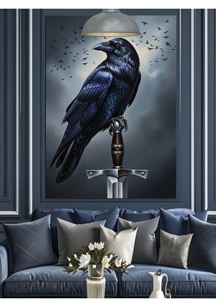 Kılıç Üstündeki Siyah Karga Kuşu Dekoratif Kanvas - Mdf Ahşap Tablo modelleri