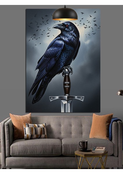 Kılıç Üstündeki Siyah Karga Kuşu Dekoratif Kanvas - Mdf Ahşap Tablo fırsatları