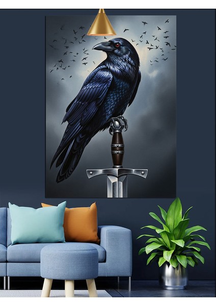 Kılıç Üstündeki Siyah Karga Kuşu Dekoratif Kanvas - Mdf Ahşap Tablo indirimleri