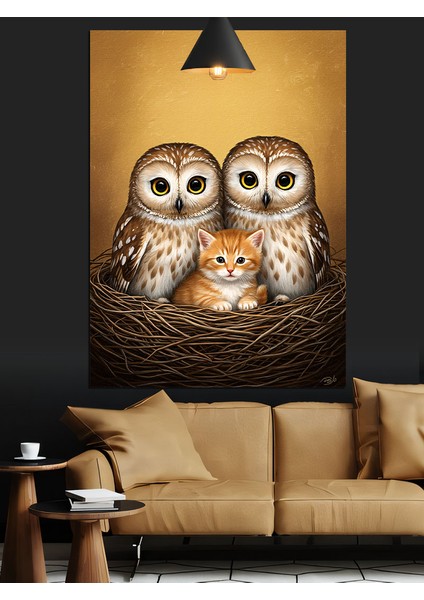 Kuş Yuvasında Iki Baykuş ve Yavru Kedi Sevimli Dekoratif Kanvas - Mdf Ahşap Tablo