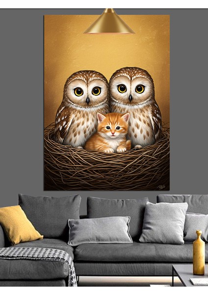 Kuş Yuvasında Iki Baykuş ve Yavru Kedi Sevimli Dekoratif Kanvas - Mdf Ahşap Tablo fiyatları