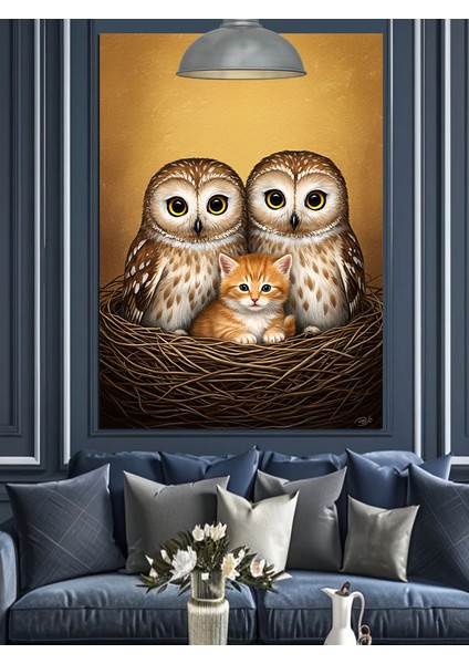 Kuş Yuvasında Iki Baykuş ve Yavru Kedi Sevimli Dekoratif Kanvas - Mdf Ahşap Tablo modelleri