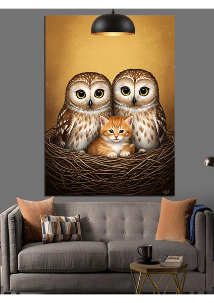 Kuş Yuvasında Iki Baykuş ve Yavru Kedi Sevimli Dekoratif Kanvas - Mdf Ahşap Tablo fırsatları