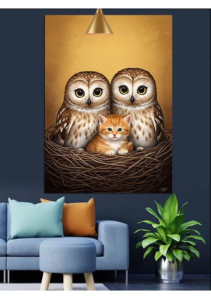 Kuş Yuvasında Iki Baykuş ve Yavru Kedi Sevimli Dekoratif Kanvas - Mdf Ahşap Tablo indirimleri