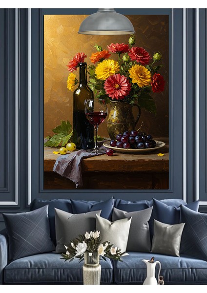 Şarap Şişesi Meyve Tabağı Çiçek Vazosu Dekoratif Kanvas - Mdf Ahşap Tablo