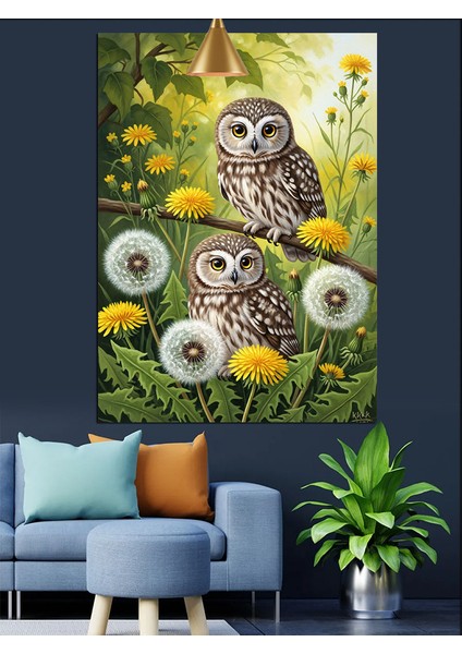 Karahindiba ve Iki Baykuş Dekoratif Kanvas - Mdf Ahşap Tablo