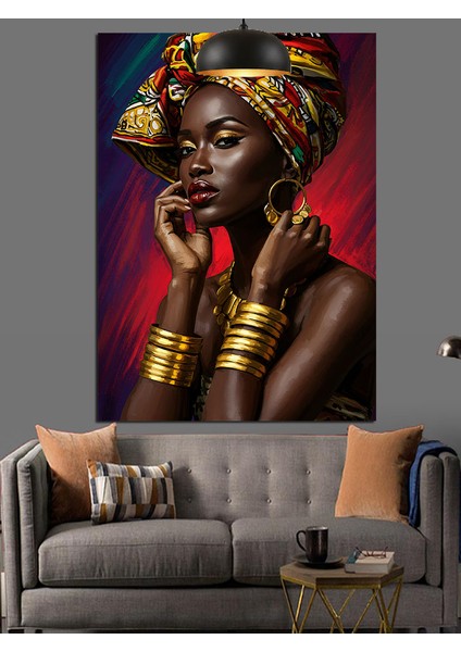 Altın Takılı Afrika Kadını Portresi Koyu Fon Dekoratif Kanvas - Mdf Ahşap Tablo fırsatları