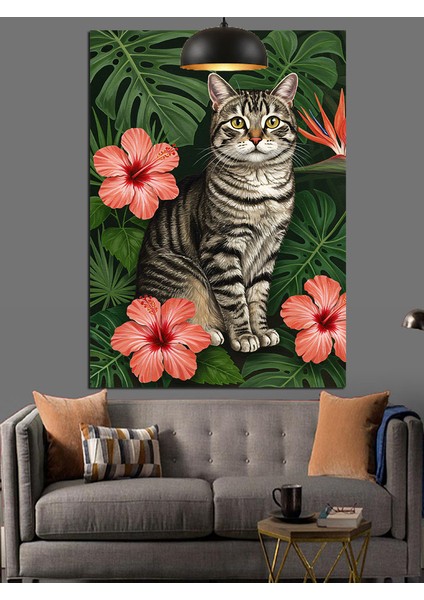 Hibiskus Çiçekli Kedi Portresi Dekoratif Kanvas - Mdf Ahşap Tablo