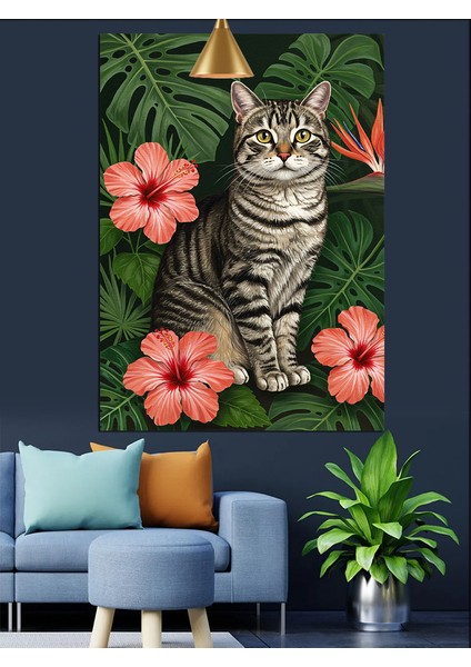 Hibiskus Çiçekli Kedi Portresi Dekoratif Kanvas - Mdf Ahşap Tablo fiyatları