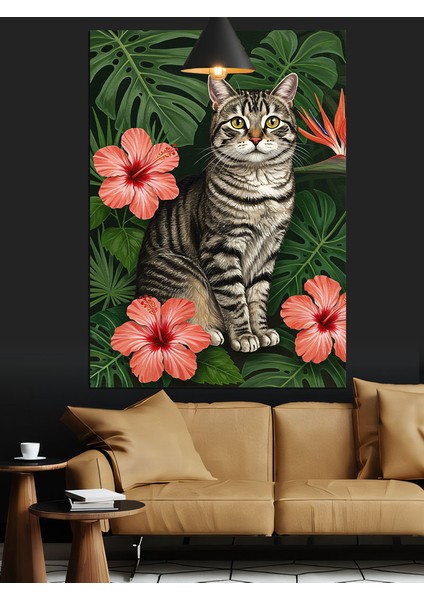 Hibiskus Çiçekli Kedi Portresi Dekoratif Kanvas - Mdf Ahşap Tablo modelleri