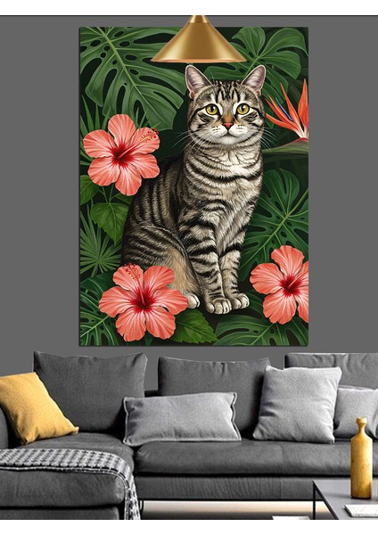 Hibiskus Çiçekli Kedi Portresi Dekoratif Kanvas - Mdf Ahşap Tablo fırsatları