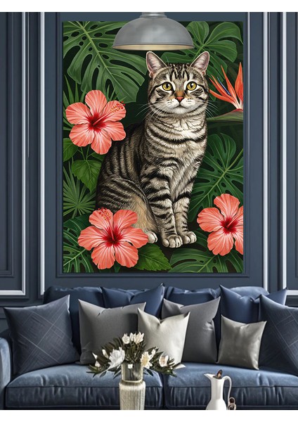 Hibiskus Çiçekli Kedi Portresi Dekoratif Kanvas - Mdf Ahşap Tablo indirimleri