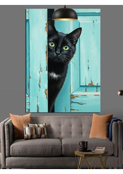 Kapı Aralığından Bakan Siyah Kedi Dekoratif Kanvas - Mdf Ahşap Tablo