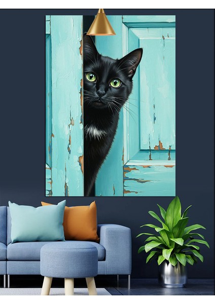 Kapı Aralığından Bakan Siyah Kedi Dekoratif Kanvas - Mdf Ahşap Tablo fiyatları
