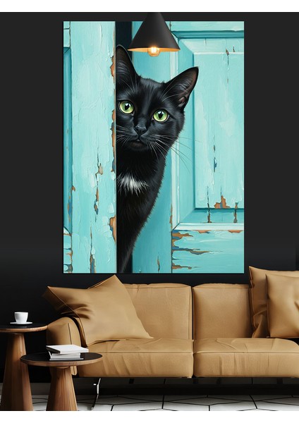 Kapı Aralığından Bakan Siyah Kedi Dekoratif Kanvas - Mdf Ahşap Tablo modelleri
