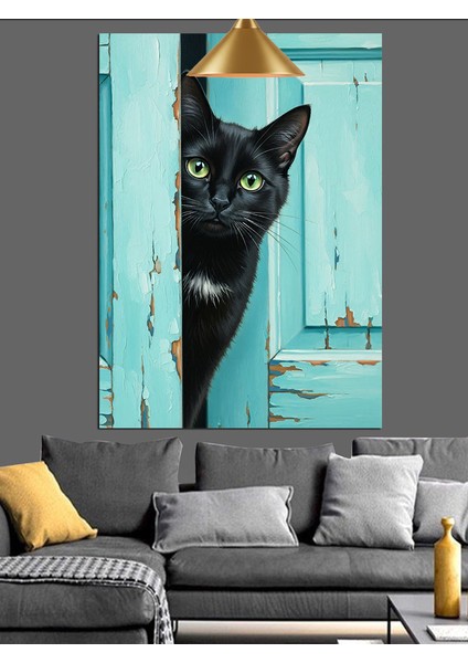 Kapı Aralığından Bakan Siyah Kedi Dekoratif Kanvas - Mdf Ahşap Tablo fırsatları