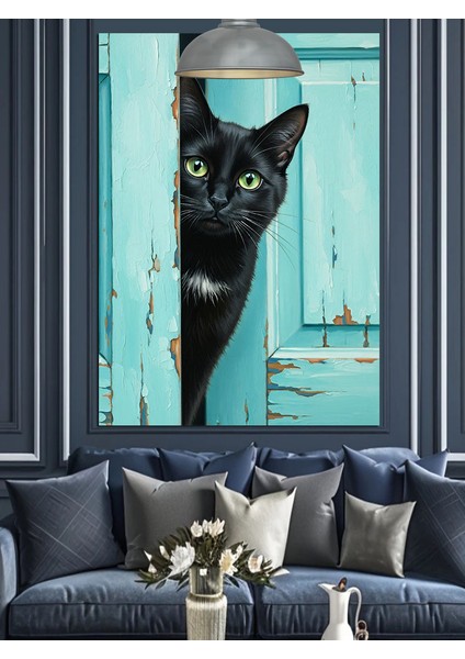 Kapı Aralığından Bakan Siyah Kedi Dekoratif Kanvas - Mdf Ahşap Tablo indirimleri