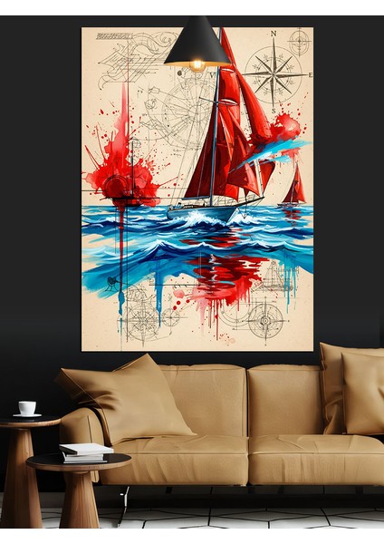 Kırmızı Yelkenli Denizde Sörf Dekoratif Kanvas - Mdf Ahşap Tablo
