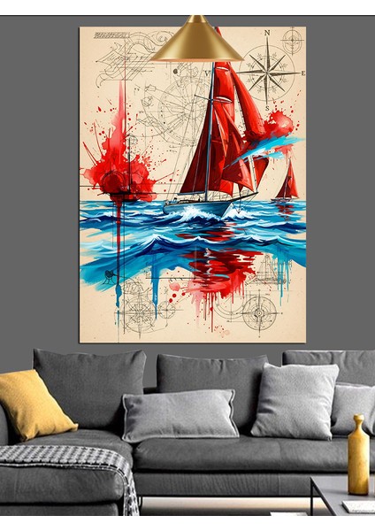 Kırmızı Yelkenli Denizde Sörf Dekoratif Kanvas - Mdf Ahşap Tablo fiyatları