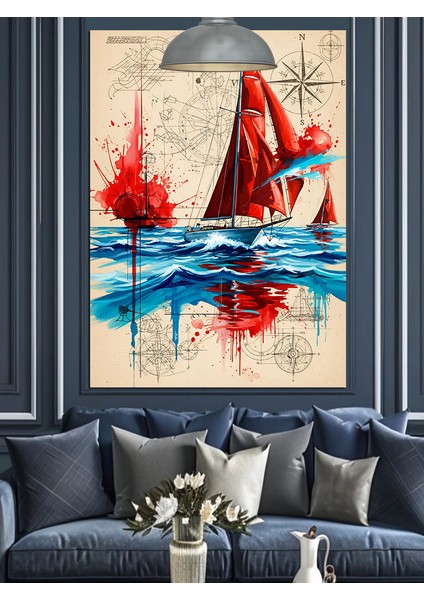 Kırmızı Yelkenli Denizde Sörf Dekoratif Kanvas - Mdf Ahşap Tablo modelleri