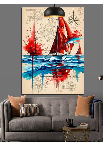 Kırmızı Yelkenli Denizde Sörf Dekoratif Kanvas - Mdf Ahşap Tablo fırsatları